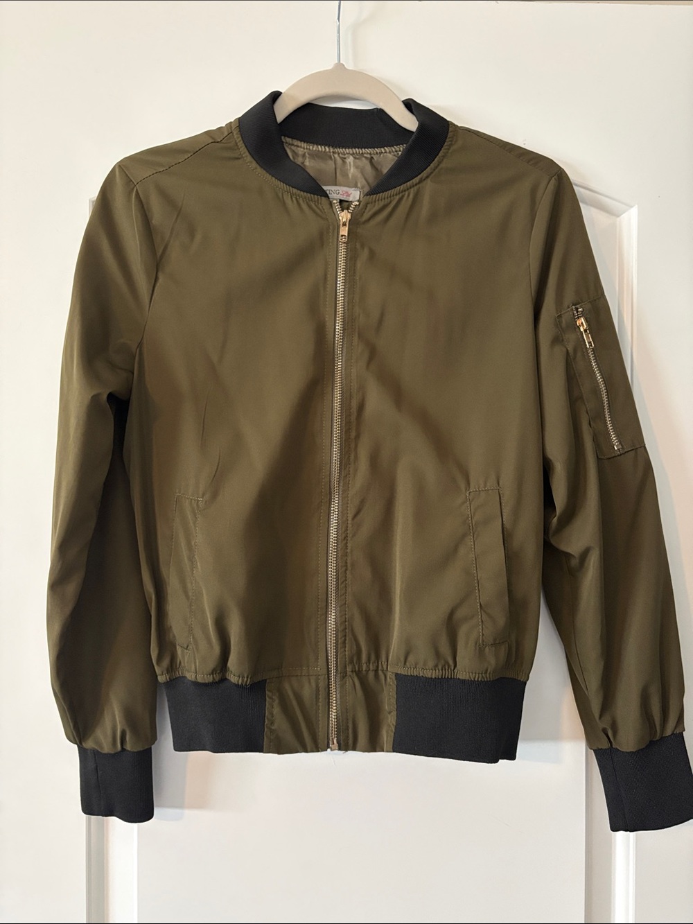 Olive Green Bomber Jacket with Black Trim